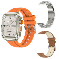 Montre connectée intelligente étanche orange et argentée, avec trois bracelets, sur un fond blanc.